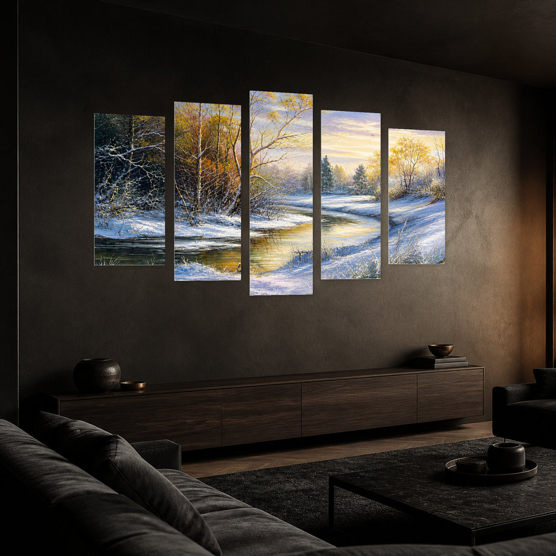 Winter Fairy Tale in Serene Light — five-panel wall art in perspective interior | 5wallart 55347 M2