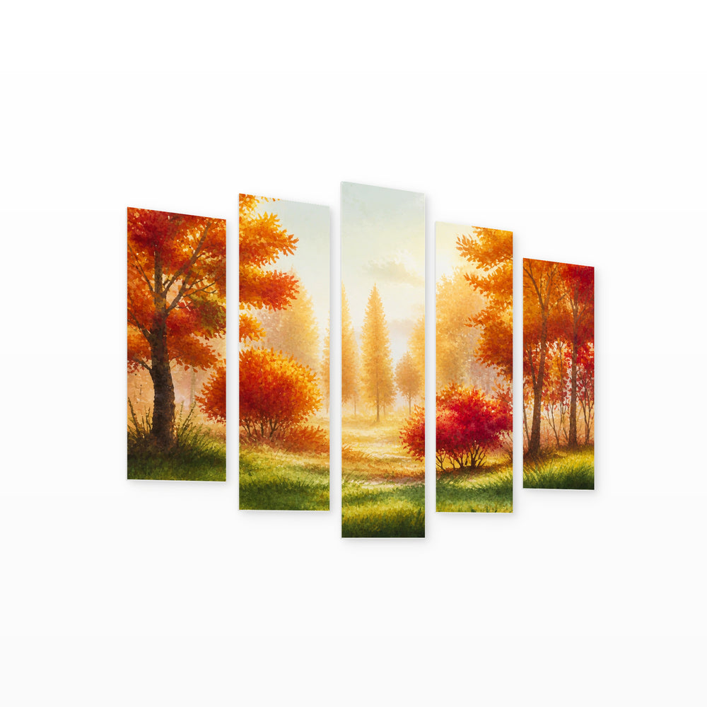 Autumn Landscape in Serene Light — five-panel wall art on white background in perspective | 5wallart 55348 M1