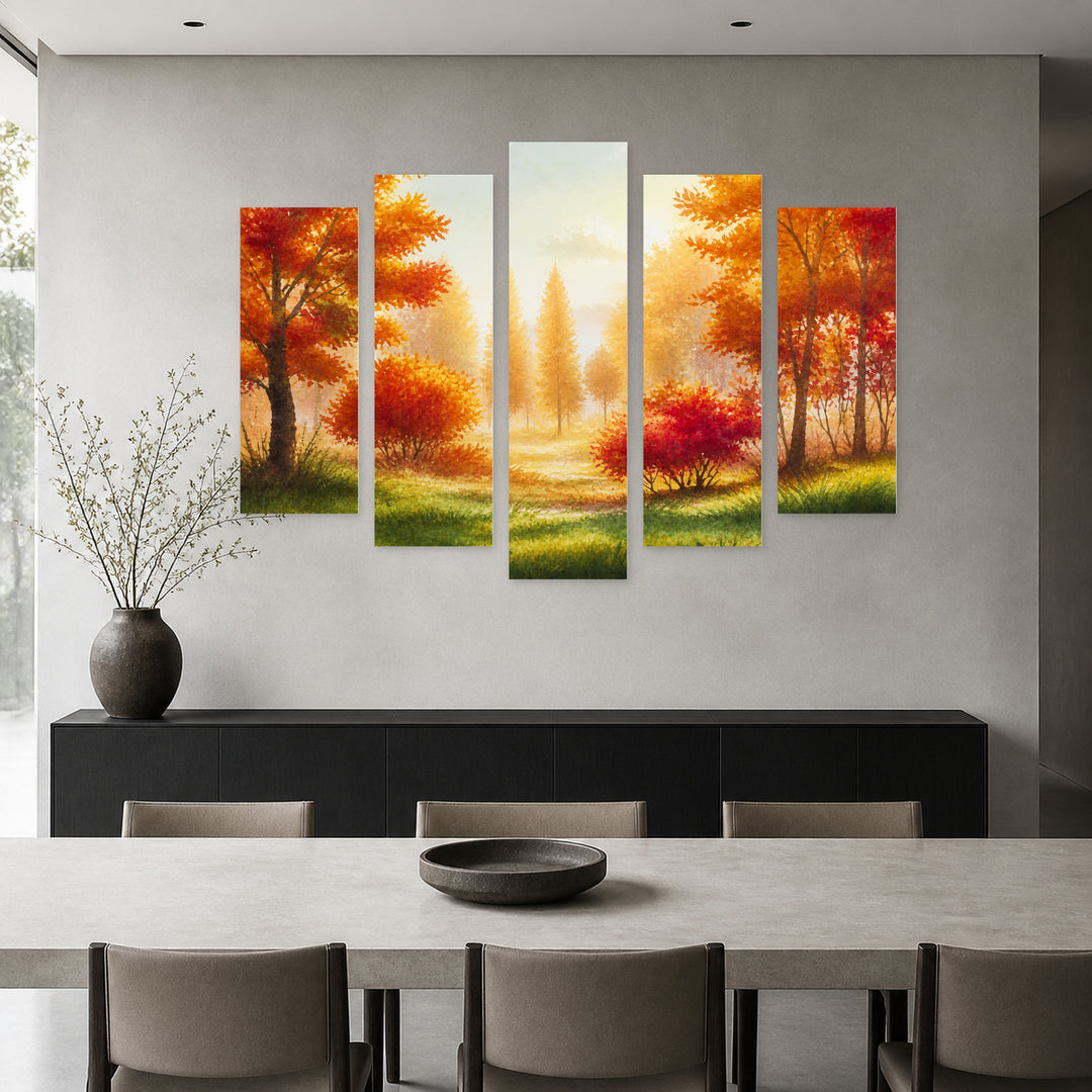 Autumn Landscape in Serene Light — five-panel wall art in frontal interior | 5wallart 55348 M3