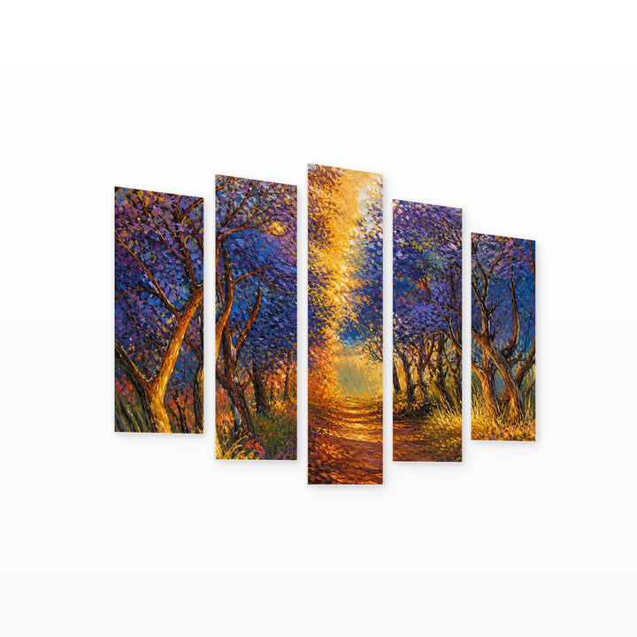 Autumn Forest in Oil in Serene Light — five-panel wall art on white background in perspective | 5wallart 55349 M1
