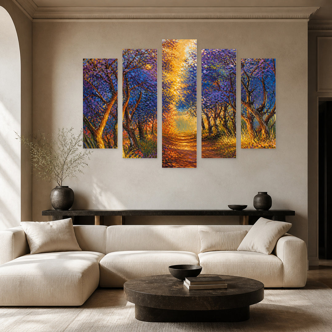 Autumn Forest in Oil in Serene Light — five-panel wall art in frontal interior | 5wallart 55349 M3
