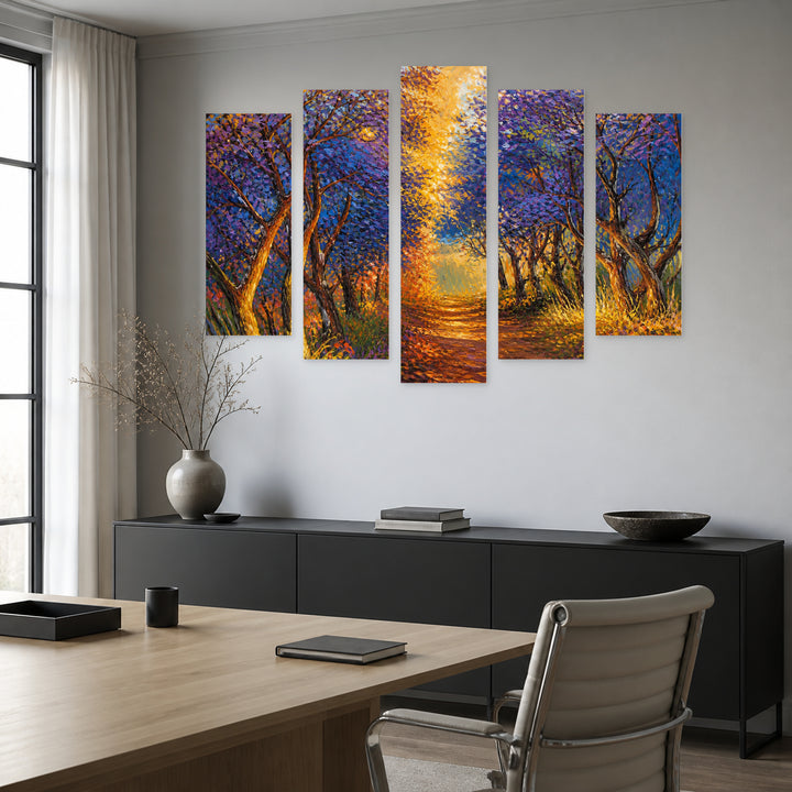 Autumn Forest in Oil in Serene Light — five-panel wall art in alternate frontal interior | 5wallart 55349 M4