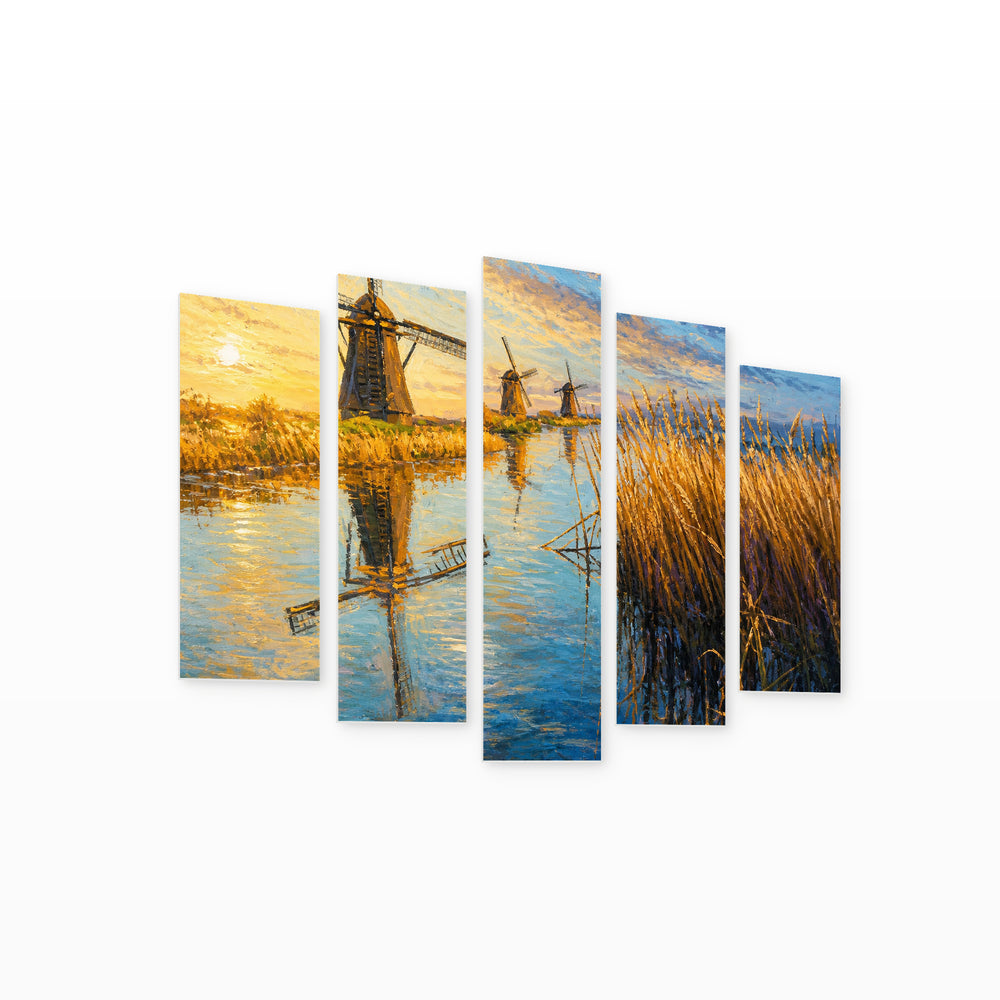 Windmills in Blue and Gold — five-panel wall art on white background in perspective | 5wallart 55350 M1