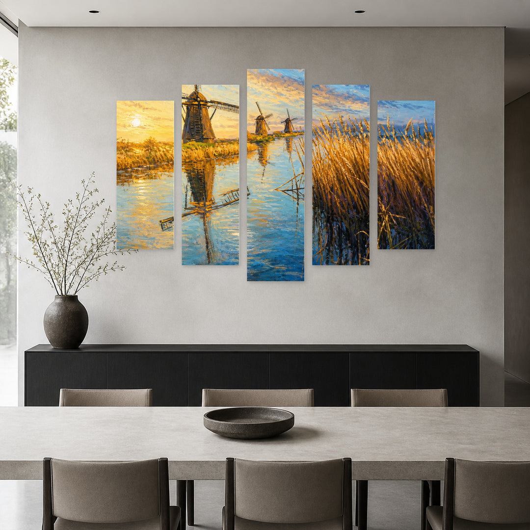 Windmills in Blue and Gold — five-panel wall art in frontal interior | 5wallart 55350 M3