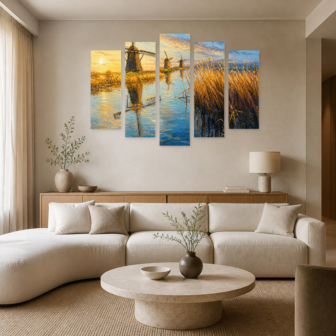 Windmills in Blue and Gold — five-panel wall art in alternate frontal interior | 5wallart 55350 M4