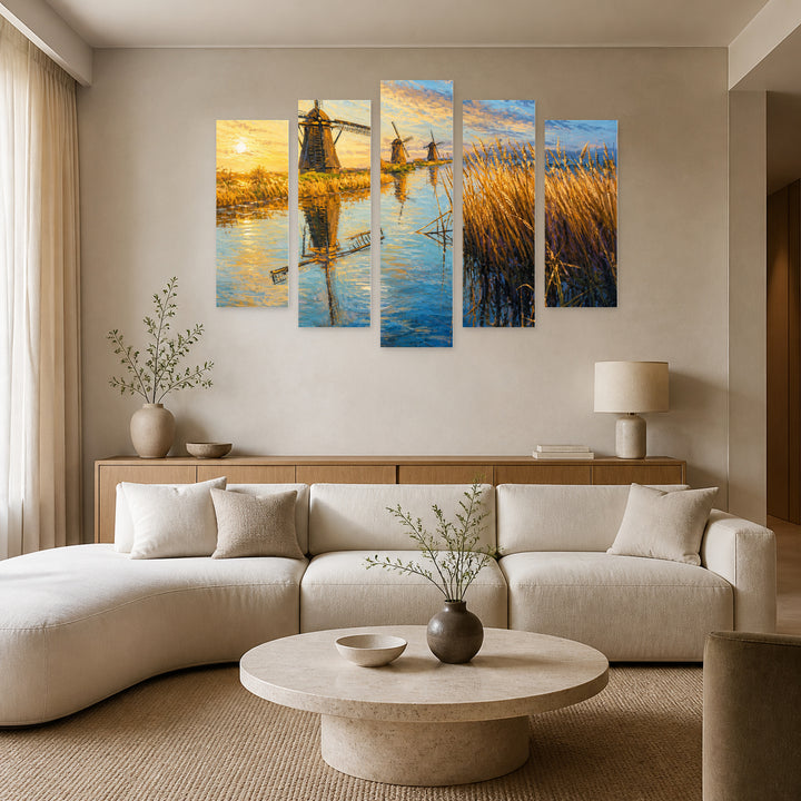 Windmills in Blue and Gold — five-panel wall art in alternate frontal interior | 5wallart 55350 M4