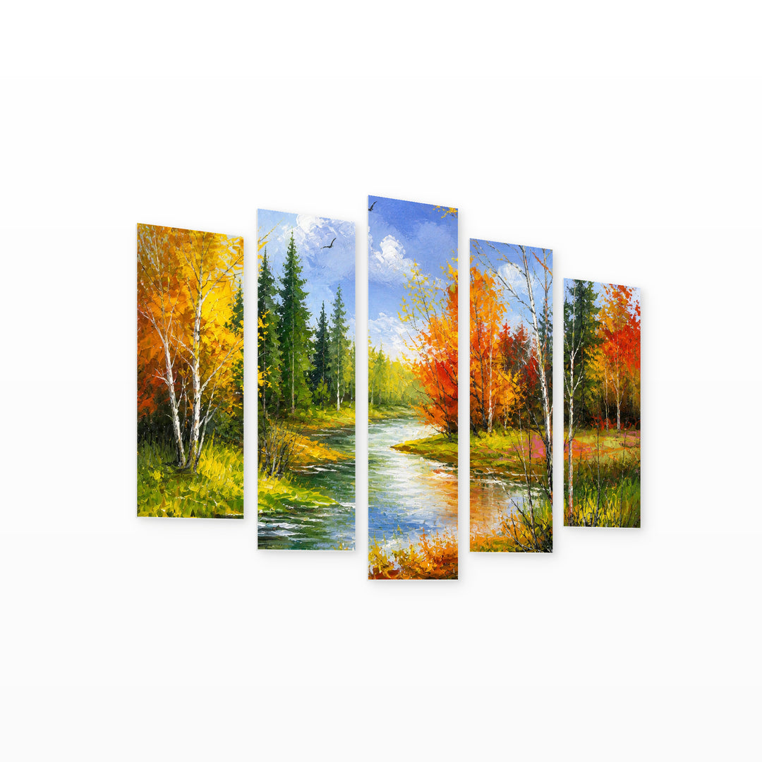 Colorful Forest Landscape with Dreamlike Atmosphere — five-panel wall art on white background in perspective | 5wallart 55351 M1