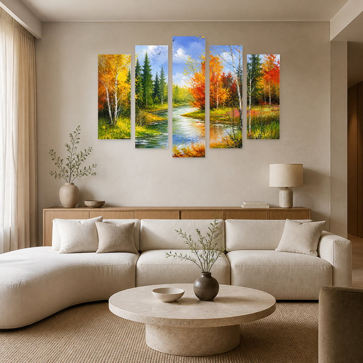 Colorful Forest Landscape with Dreamlike Atmosphere — five-panel wall art in frontal interior | 5wallart 55351 M3