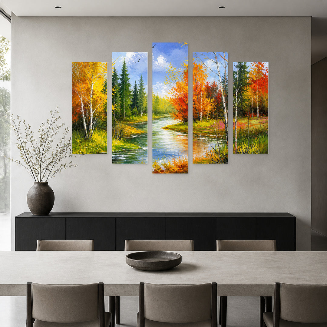 Colorful Forest Landscape with Dreamlike Atmosphere — five-panel wall art in alternate frontal interior | 5wallart 55351 M4