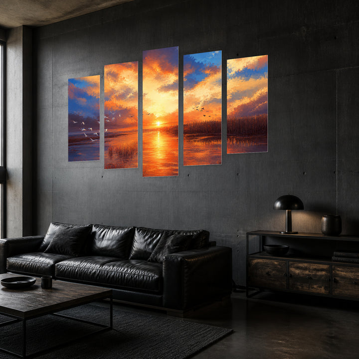 The Lake Sunset Glow — five-panel wall art in perspective interior | 5wallart 55352 M2