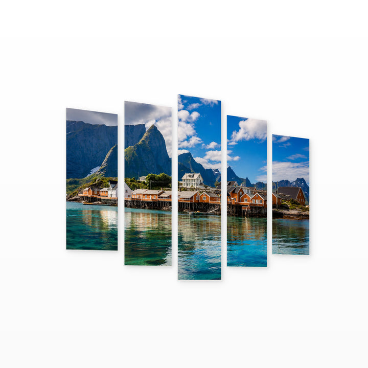 Lofoten Islands, Norway in Serene Light — five-panel wall art on white background in perspective | 5wallart 55353 M1