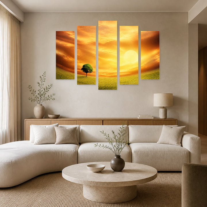 Landscape in Serene Light II — five-panel wall art in frontal interior | 5wallart 55355 M3