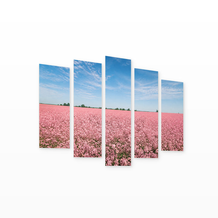 Pink Field with Dreamlike Atmosphere — five-panel wall art on white background in perspective | 5wallart 55356 M1