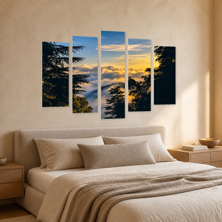 Mystical View in Blue and Gold — five-panel wall art in perspective interior | 5wallart 55357 M2