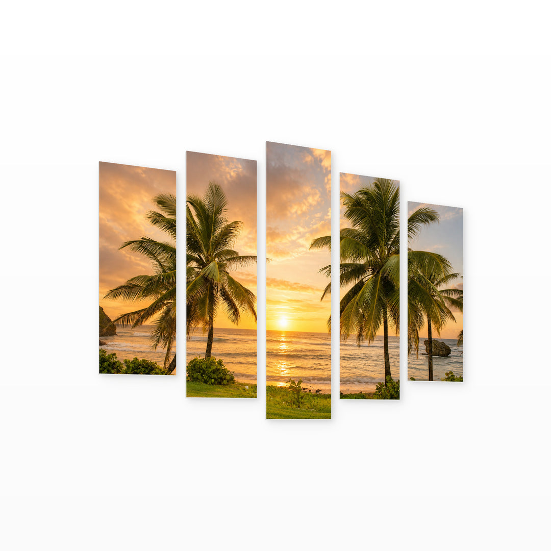 Palm Trees at Golden Sunset — five-panel wall art on white background in perspective | 5wallart 55358 M1