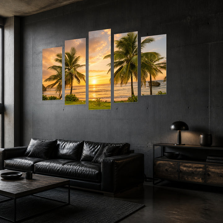Palm Trees at Golden Sunset — five-panel wall art in perspective interior | 5wallart 55358 M2