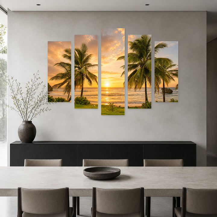 Palm Trees at Golden Sunset — five-panel wall art in frontal interior | 5wallart 55358 M3