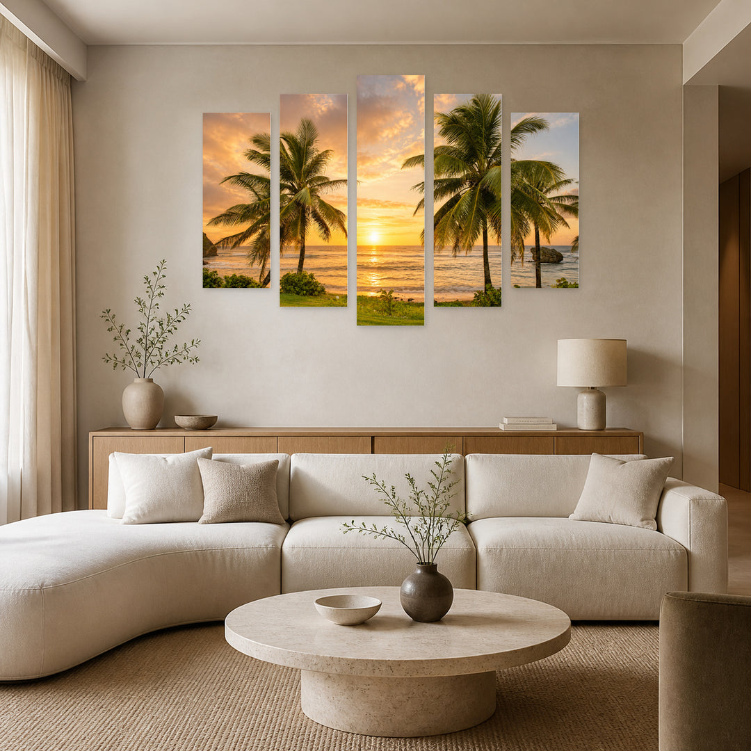Palm Trees at Golden Sunset — five-panel wall art in alternate frontal interior | 5wallart 55358 M4
