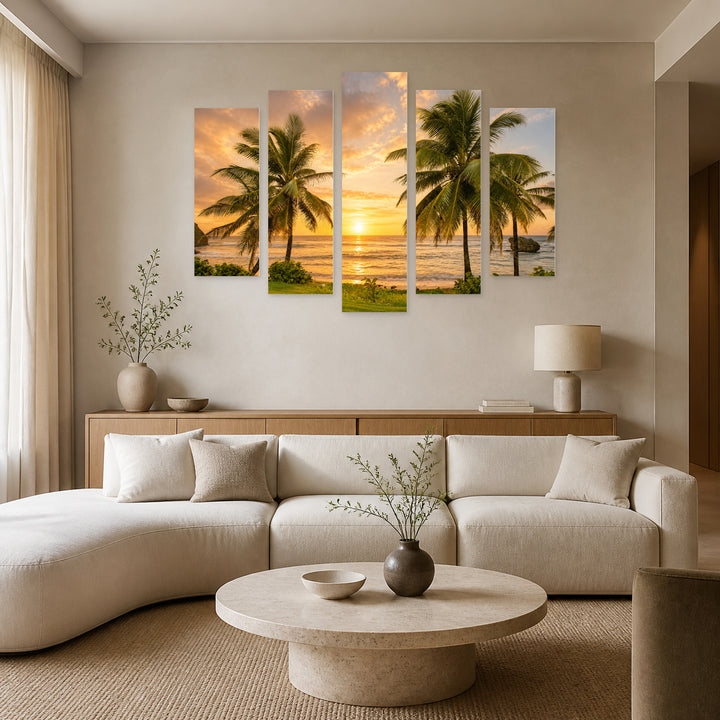 Palm Trees at Golden Sunset — five-panel wall art in alternate frontal interior | 5wallart 55358 M4