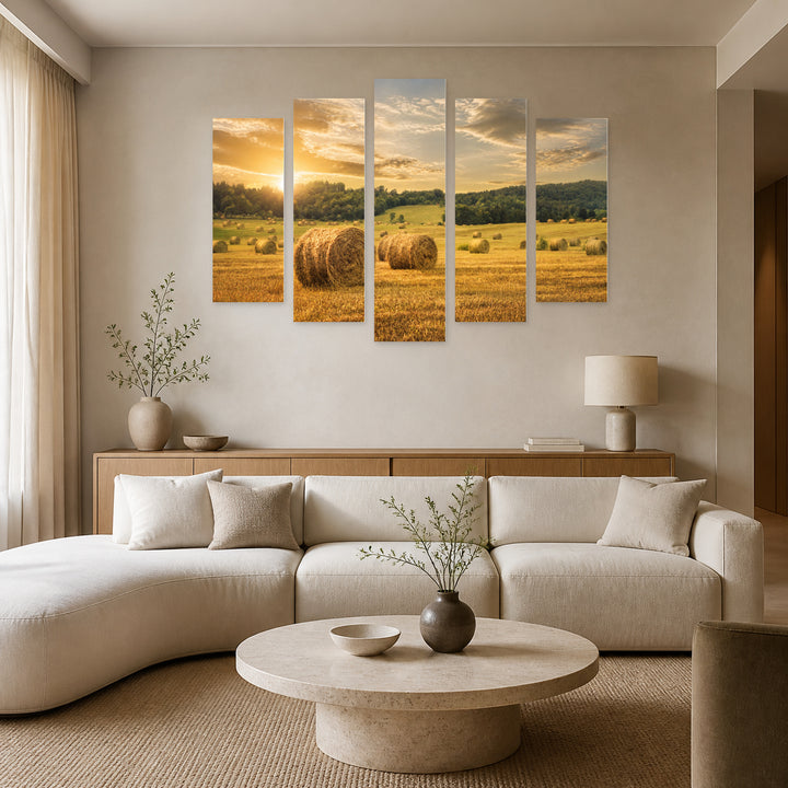 Golden Field in Serene Light — five-panel wall art in frontal interior | 5wallart 55359 M3