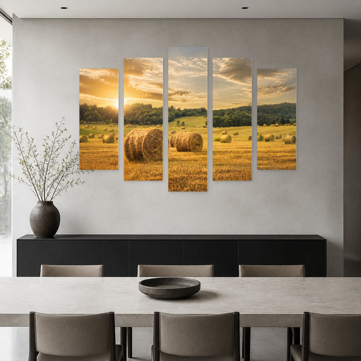 Golden Field in Serene Light — five-panel wall art in alternate frontal interior | 5wallart 55359 M4