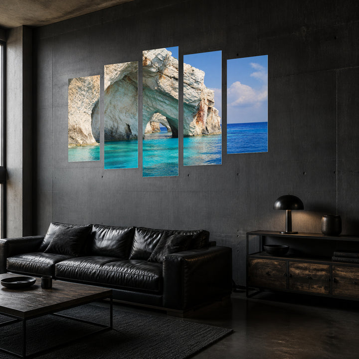 Blue Caves with Dreamlike Atmosphere — five-panel wall art in perspective interior | 5wallart 55360 M2