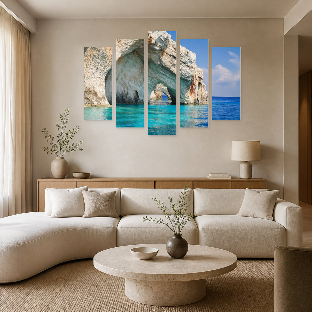 Blue Caves with Dreamlike Atmosphere — five-panel wall art in alternate frontal interior | 5wallart 55360 M4