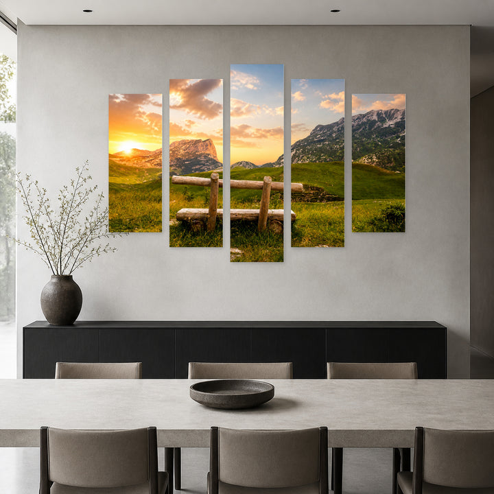 Mountain View at Golden Sunset — five-panel wall art in alternate frontal interior | 5wallart 55361 M4