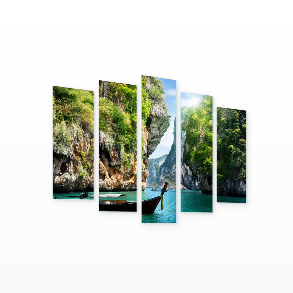 Boat Ride in Serene Light — five-panel wall art on white background in perspective | 5wallart 55362 M1