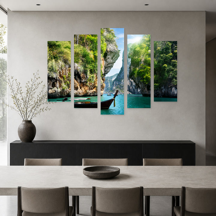 Boat Ride in Serene Light — five-panel wall art in frontal interior | 5wallart 55362 M3
