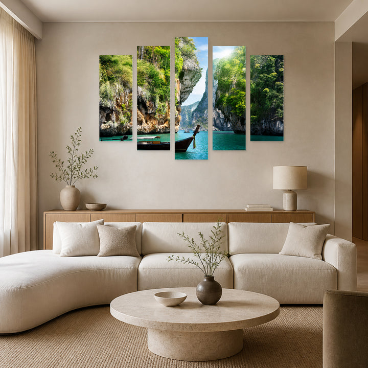Boat Ride in Serene Light — five-panel wall art in alternate frontal interior | 5wallart 55362 M4