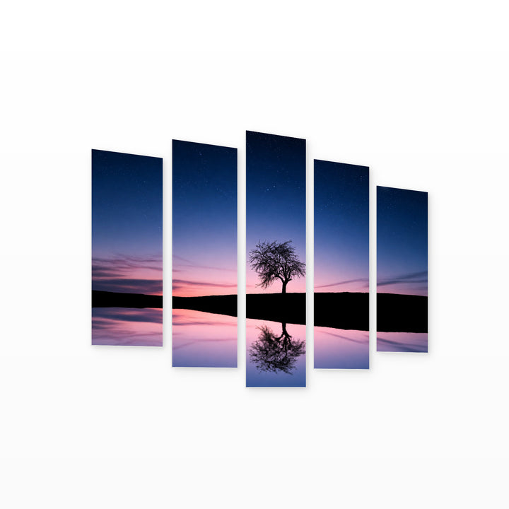 Tree by the Lake in Blue and II — five-panel wall art on white background in perspective | 5wallart 55363 M1
