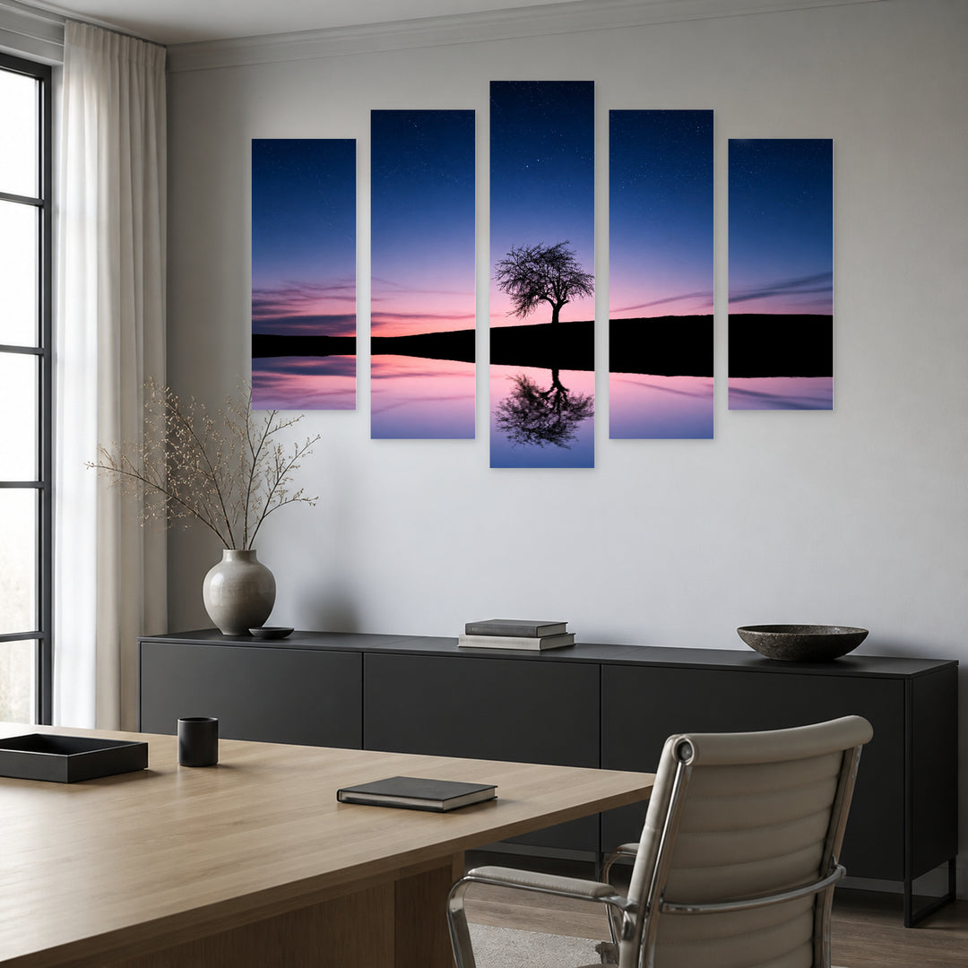 Tree by the Lake in Blue and II — five-panel wall art in alternate frontal interior | 5wallart 55363 M4