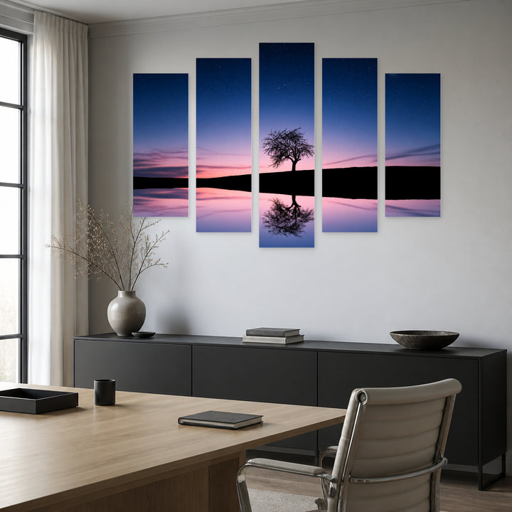Tree by the Lake in Blue and II — five-panel wall art in alternate frontal interior | 5wallart 55363 M4