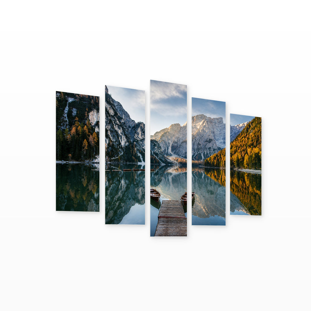 Boats on a Mountain Lake in Serene Light — five-panel wall art on white background in perspective | 5wallart 55364 M1