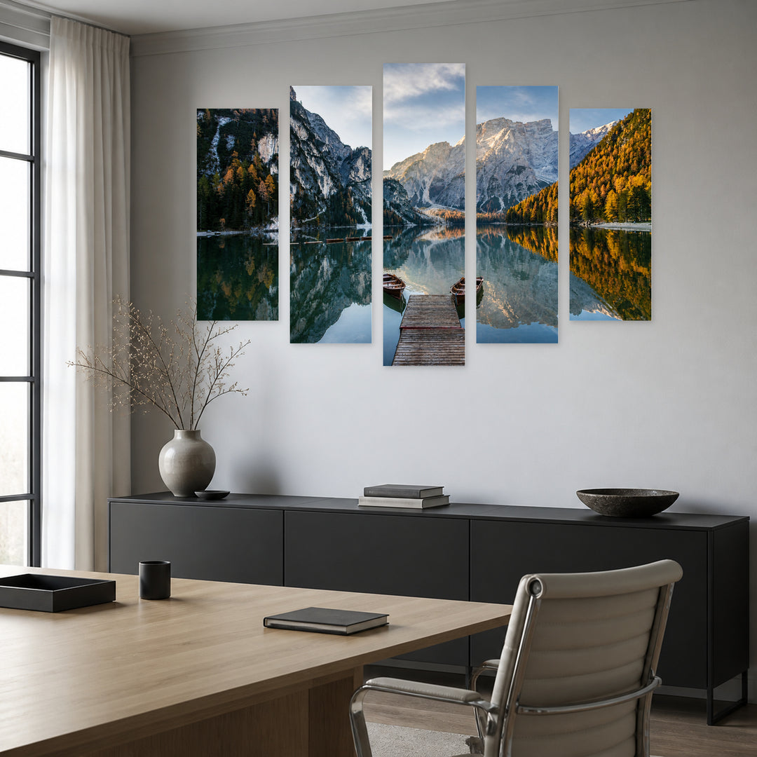 Boats on a Mountain Lake in Serene Light — five-panel wall art in frontal interior | 5wallart 55364 M3