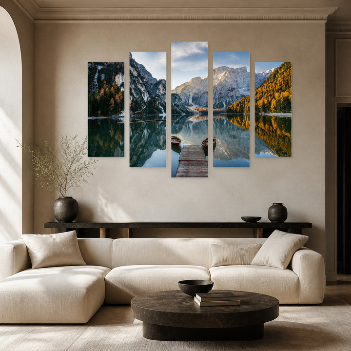 Boats on a Mountain Lake in Serene Light — five-panel wall art in alternate frontal interior | 5wallart 55364 M4