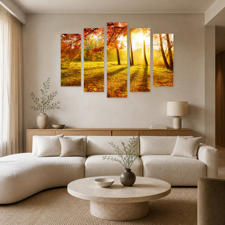 Autumn in the Park in Serene Light — five-panel wall art in frontal interior | 5wallart 55365 M3