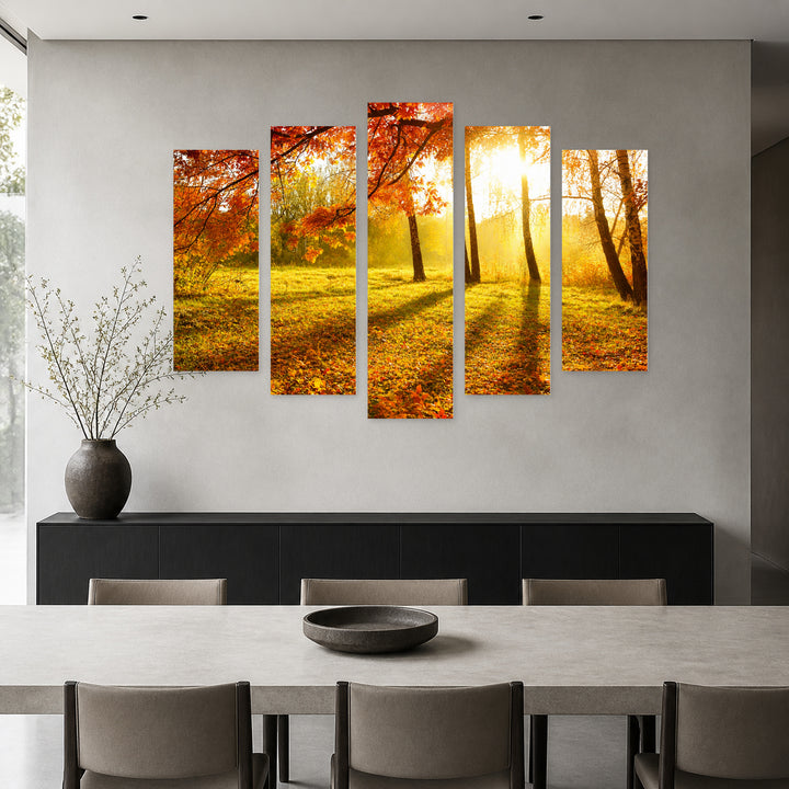 Autumn in the Park in Serene Light — five-panel wall art in alternate frontal interior | 5wallart 55365 M4