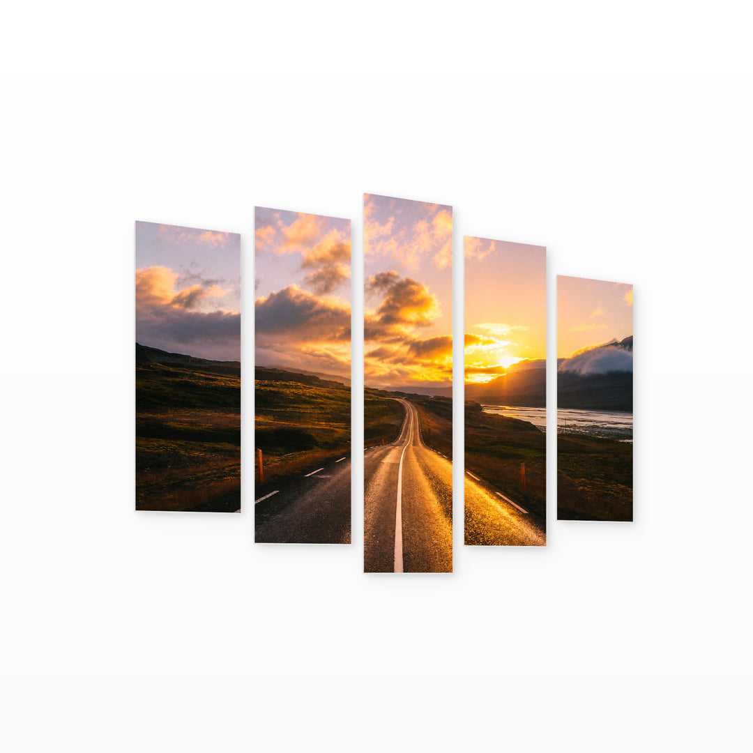 Golden Path to the Sunset — five-panel wall art on white background in perspective | 5wallart 55366 M1