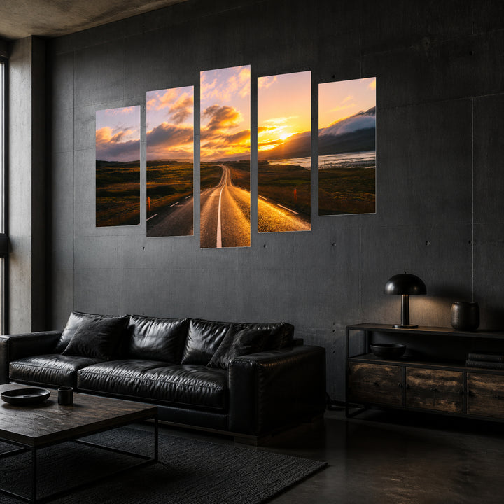 Golden Path to the Sunset — five-panel wall art in perspective interior | 5wallart 55366 M2