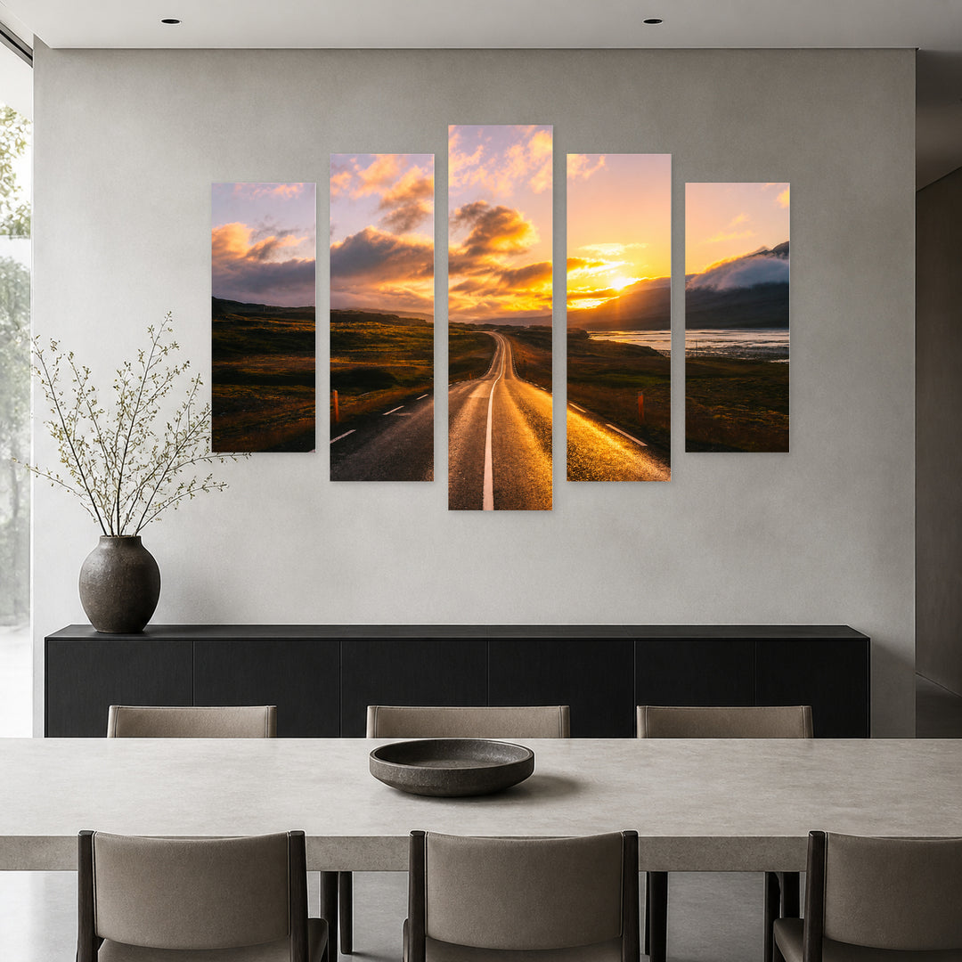 Golden Path to the Sunset — five-panel wall art in frontal interior | 5wallart 55366 M3