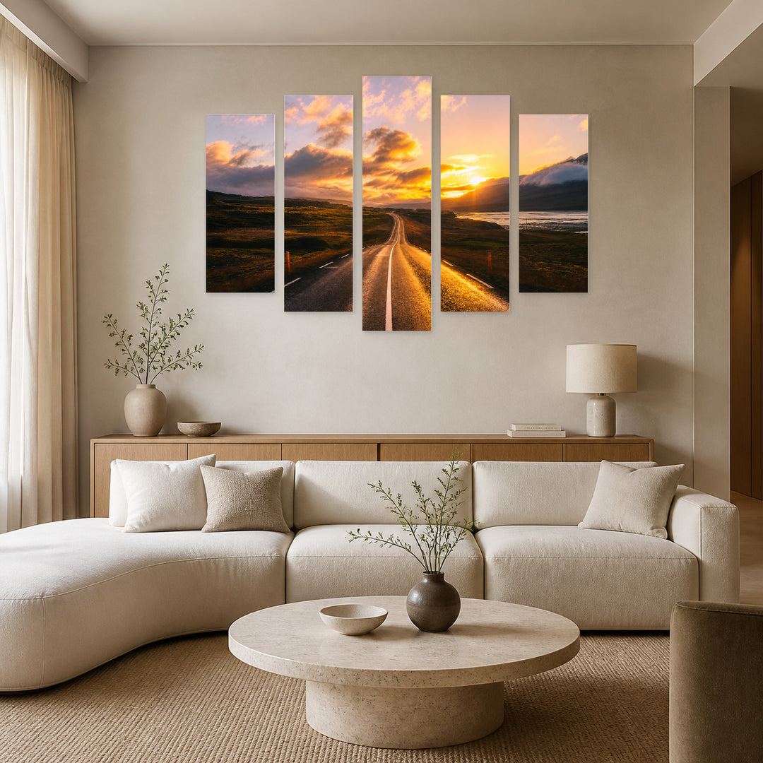 Golden Path to the Sunset — five-panel wall art in alternate frontal interior | 5wallart 55366 M4