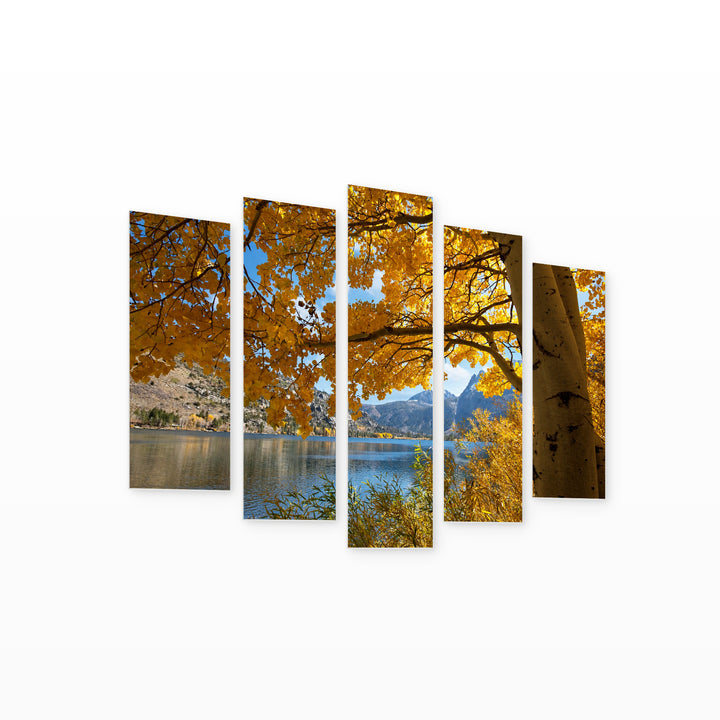 Autumn Lake in Serene Light — five-panel wall art on white background in perspective | 5wallart 55368 M1