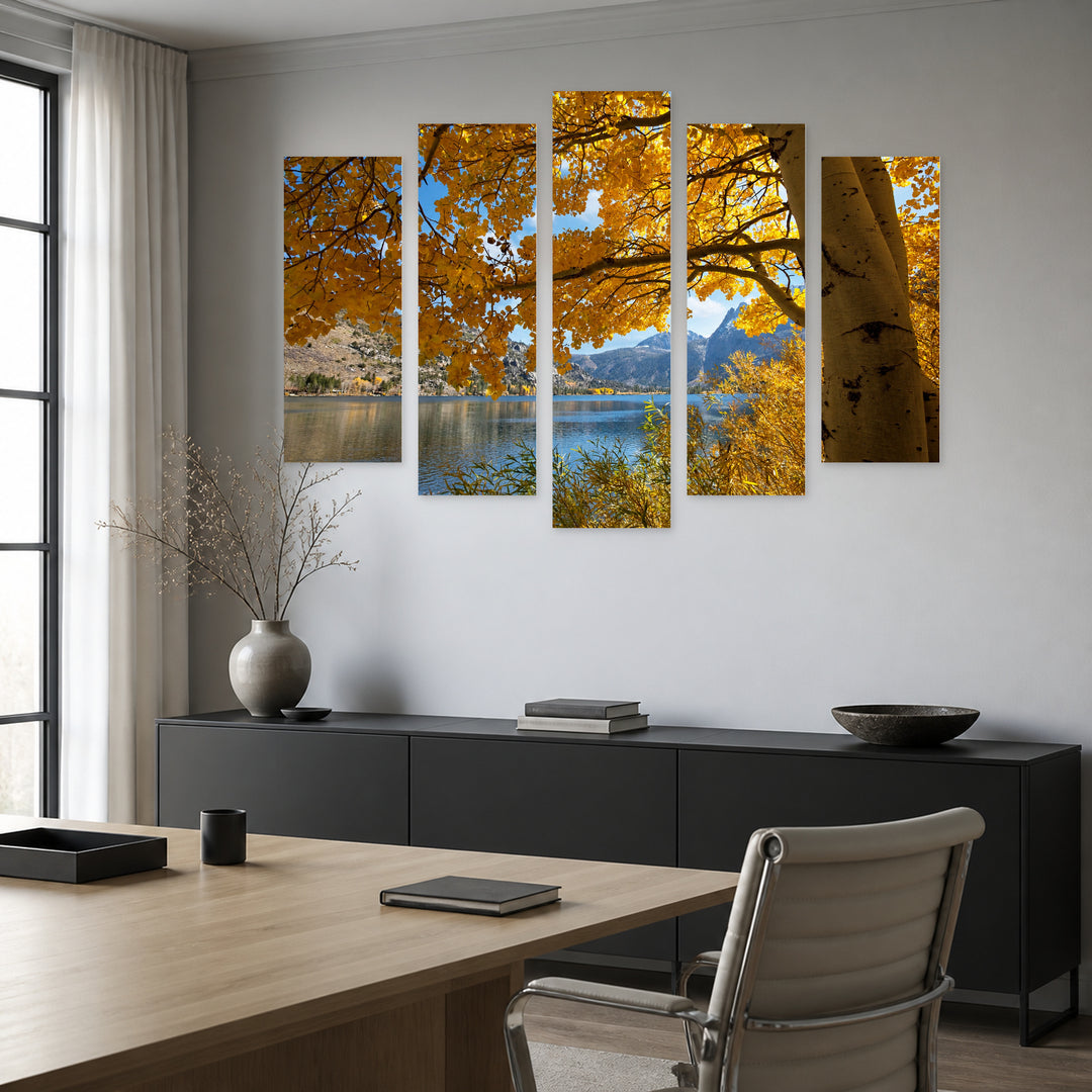 Autumn Lake in Serene Light — five-panel wall art in frontal interior | 5wallart 55368 M3