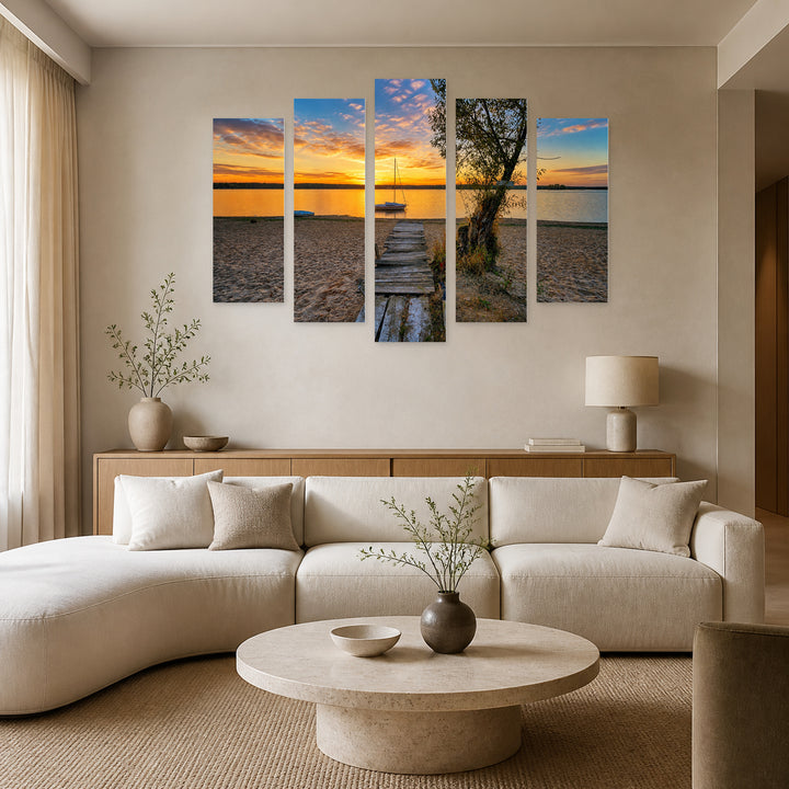 Summer Sunset on the Seashore in Serene Light — five-panel wall art in frontal interior | 5wallart 55369 M3