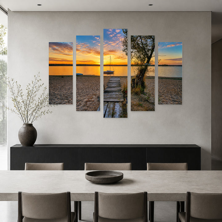 Summer Sunset on the Seashore in Serene Light — five-panel wall art in alternate frontal interior | 5wallart 55369 M4