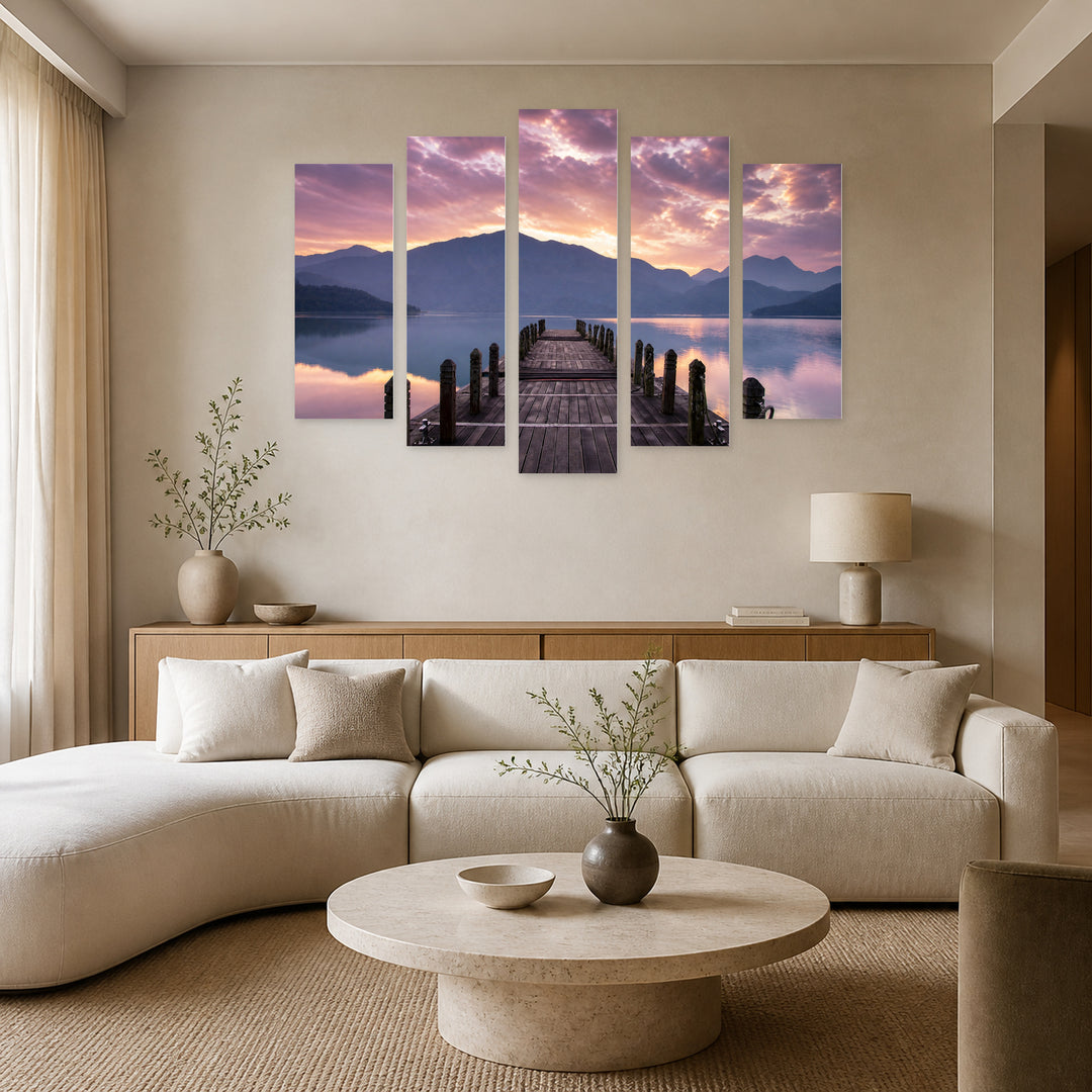 View from the Pier in Serene Light — five-panel wall art in alternate frontal interior | 5wallart 55370 M4