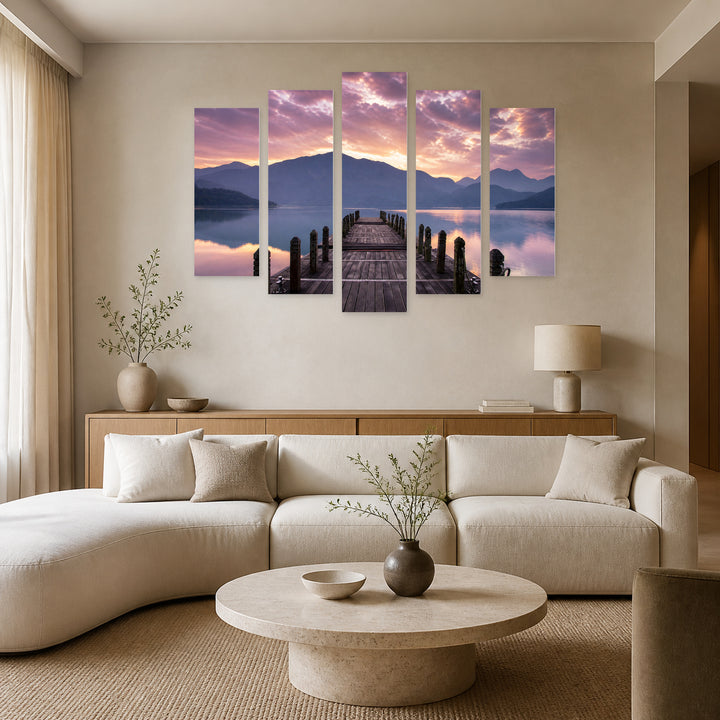 View from the Pier in Serene Light — five-panel wall art in alternate frontal interior | 5wallart 55370 M4