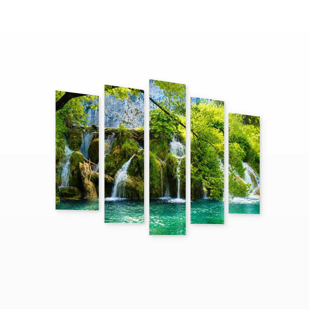 Landscape with Waterfalls with Dreamlike Atmosphere — five-panel wall art on white background in perspective | 5wallart 55371 M1